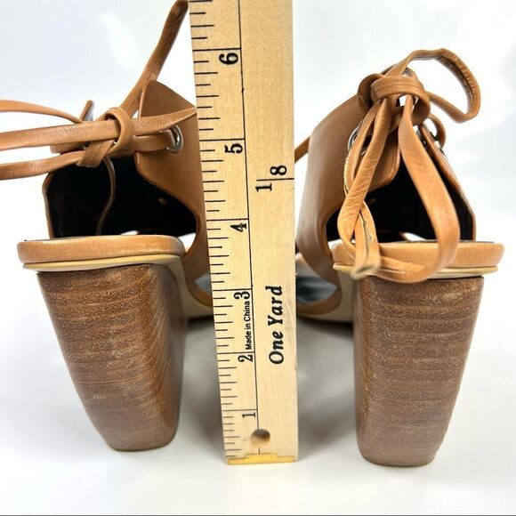 REBECCA MINKOFF Size 6 Eden Leather Criss Cross Curved Wedge Peep Toe Tan - Picture 8 of 10